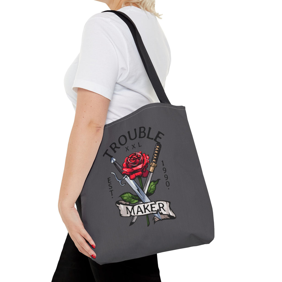 Trouble Maker Borsa in tessuto – Rose & Schwerter Tattoo design