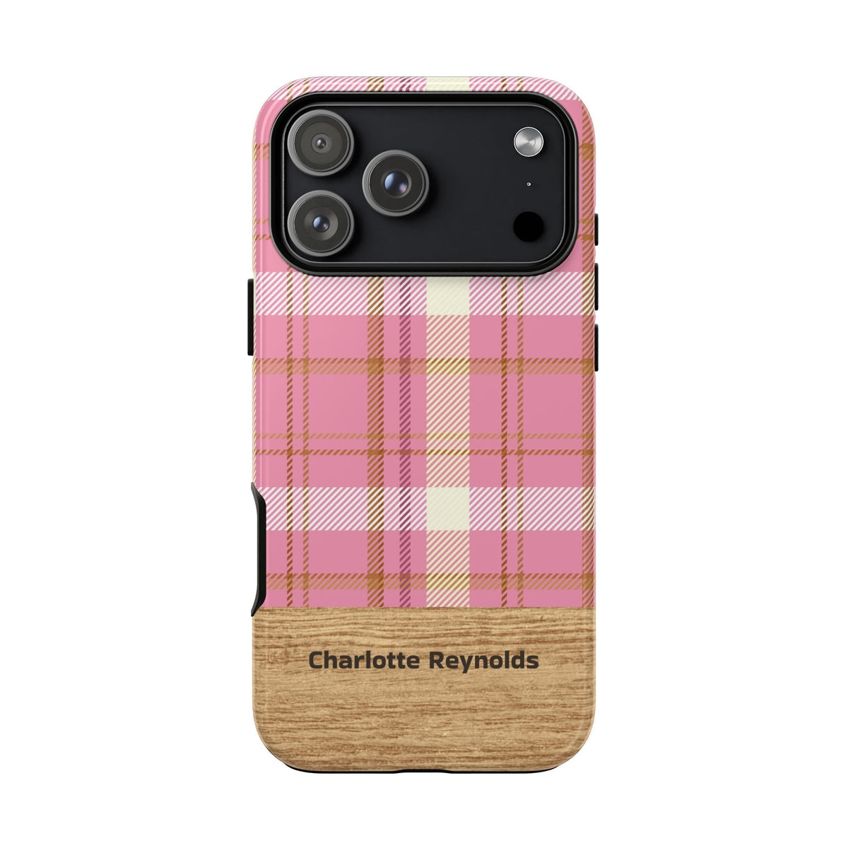 Cover Personalizzata con Nome – Tartan Rosa ed Effetto Legno