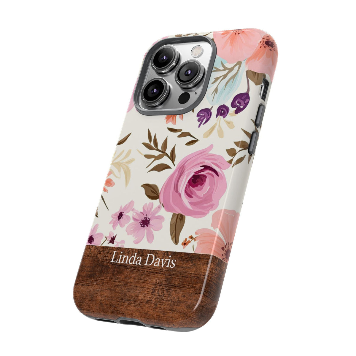 Cover Personalizzata con Nome – Rose Rosa ed Effetto Legno