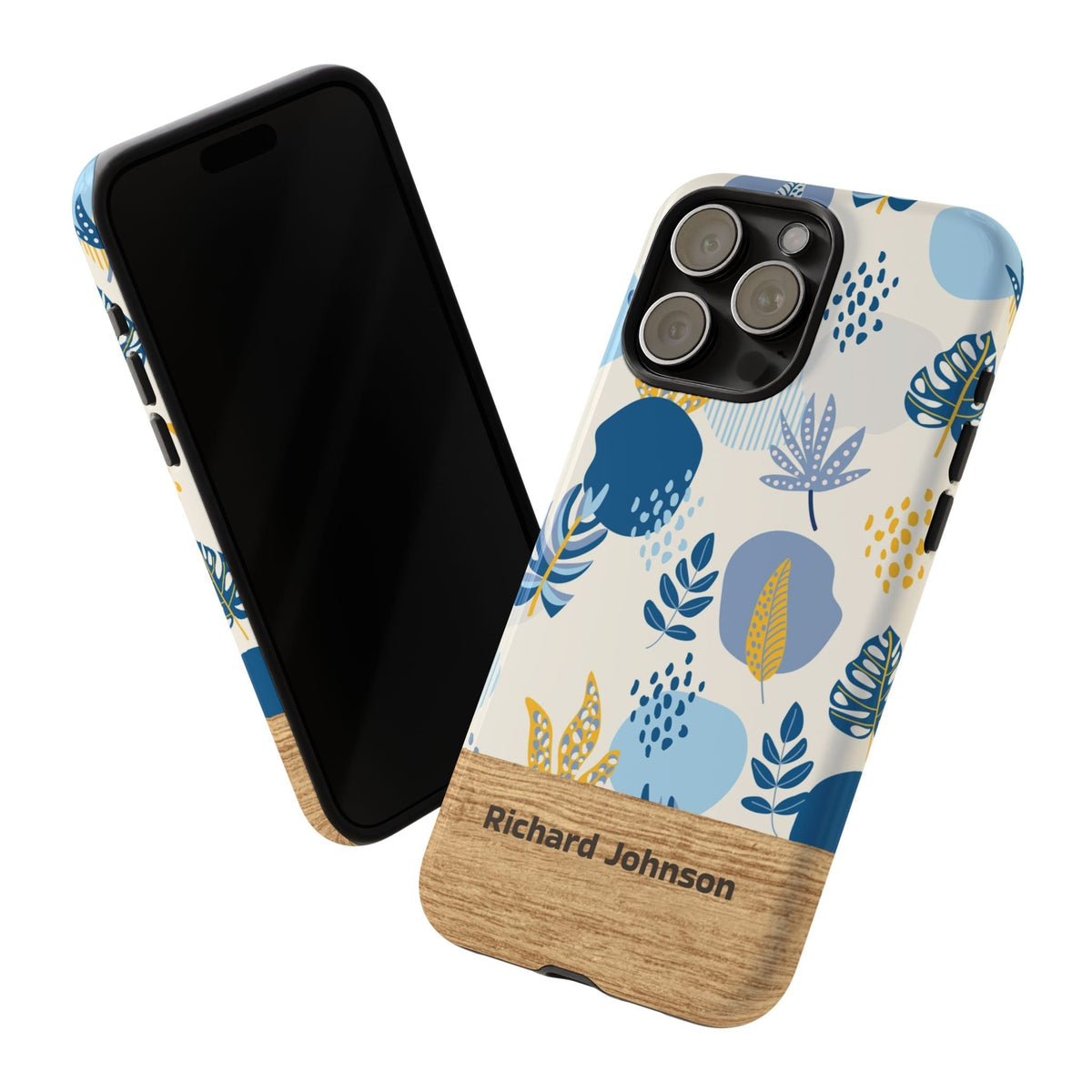 Cover Personalizzata con Nome – Design Botanico Blu ed Effetto Legno