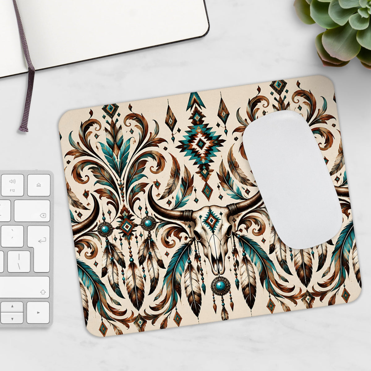Western Longhorn Mousepad – design boho con piume – Mousepad von MALUX, 23,2 × 19,4 cm