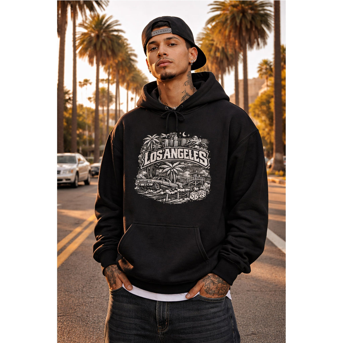 Los Angeles Vintage Skyline Hoodie Retro Palm Tree Cityscape Hoodie – MALUX