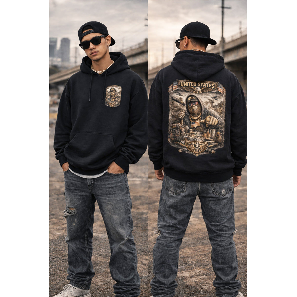 Bigfoot Streetwear Hoodie for Men Urban Black Hoodie with Bigfoot Graphic Back Print, Hip Hop Style Hoodie – MALUX