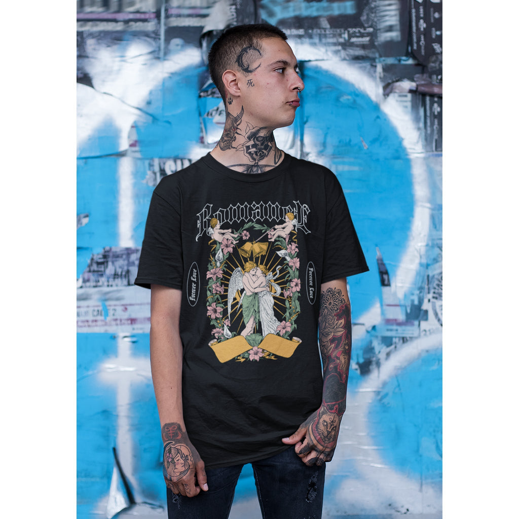 T-Shirt Angelo Gotico con Fiori – Design Dark Vintage