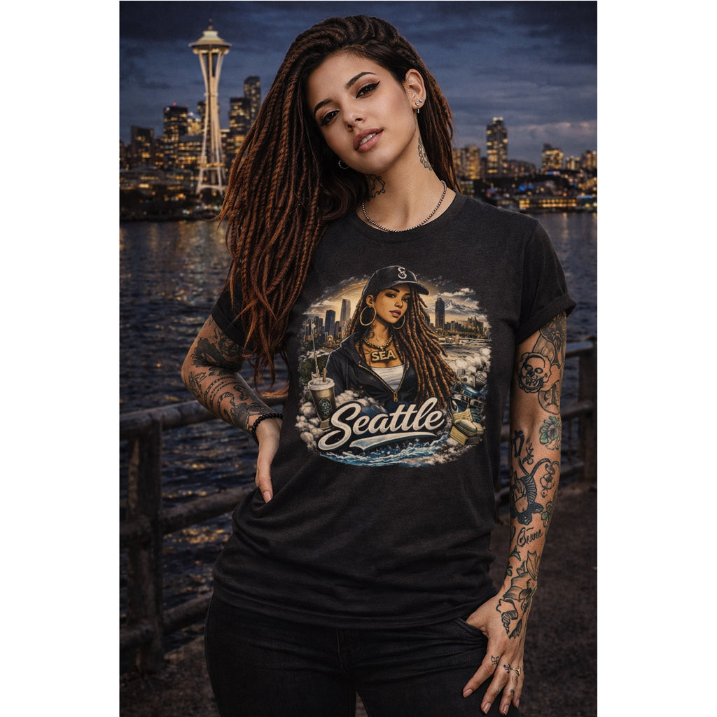 T-Shirt Seattle – Skyline, Caffè e Ritratto Vintage