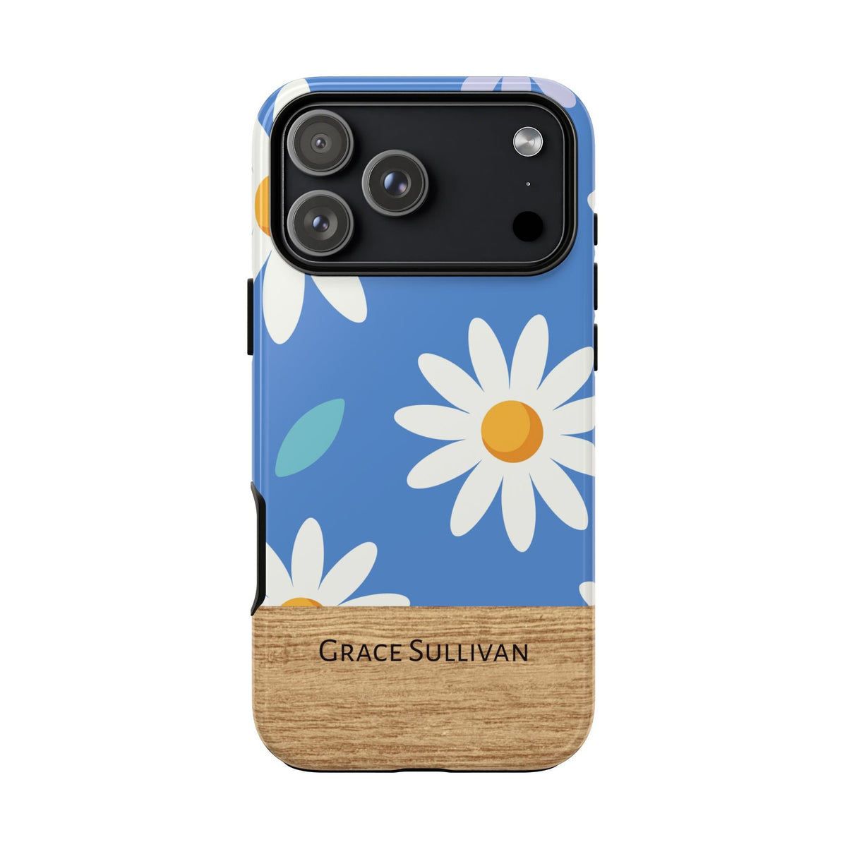 Cover Personalizzata con Nome – Margherite Blu ed Effetto Legno