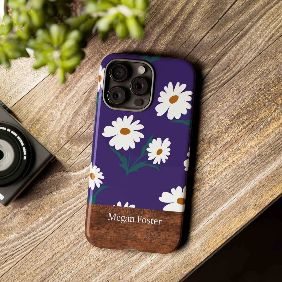Personalizzata Gänseblümchen Cover per smartphone con nomen – Cover robusta con lila fiori & Holzoptik
