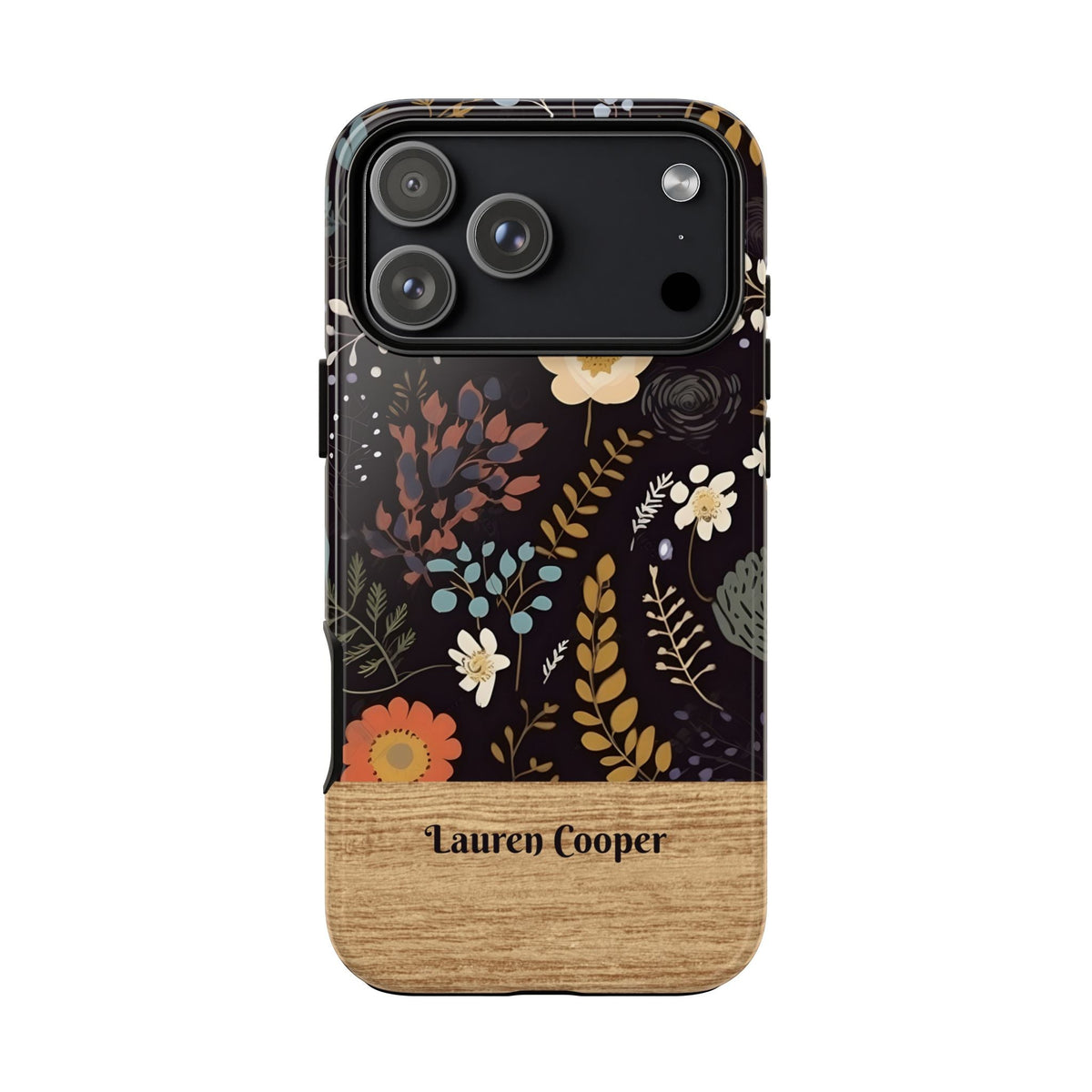 Cover Personalizzata con Nome – Fiori Scuri ed Effetto Legno