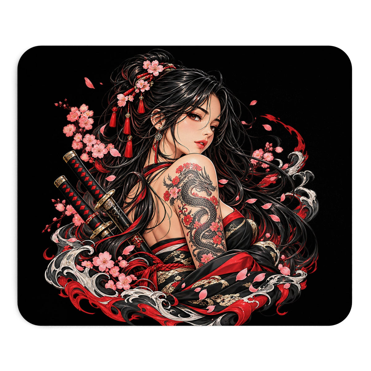 Japan Samurai Mousepad – design con fiori di ciliegio e drago – Mousepad von MALUX, 23,2 × 19,4 cm