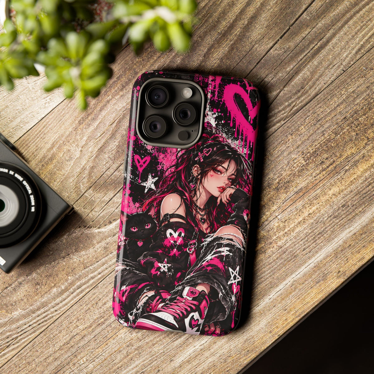 Gothic-Anime-Girl & schwarze gatto Cover per smartphone – Cover robusta im rosa Grunge-Stil