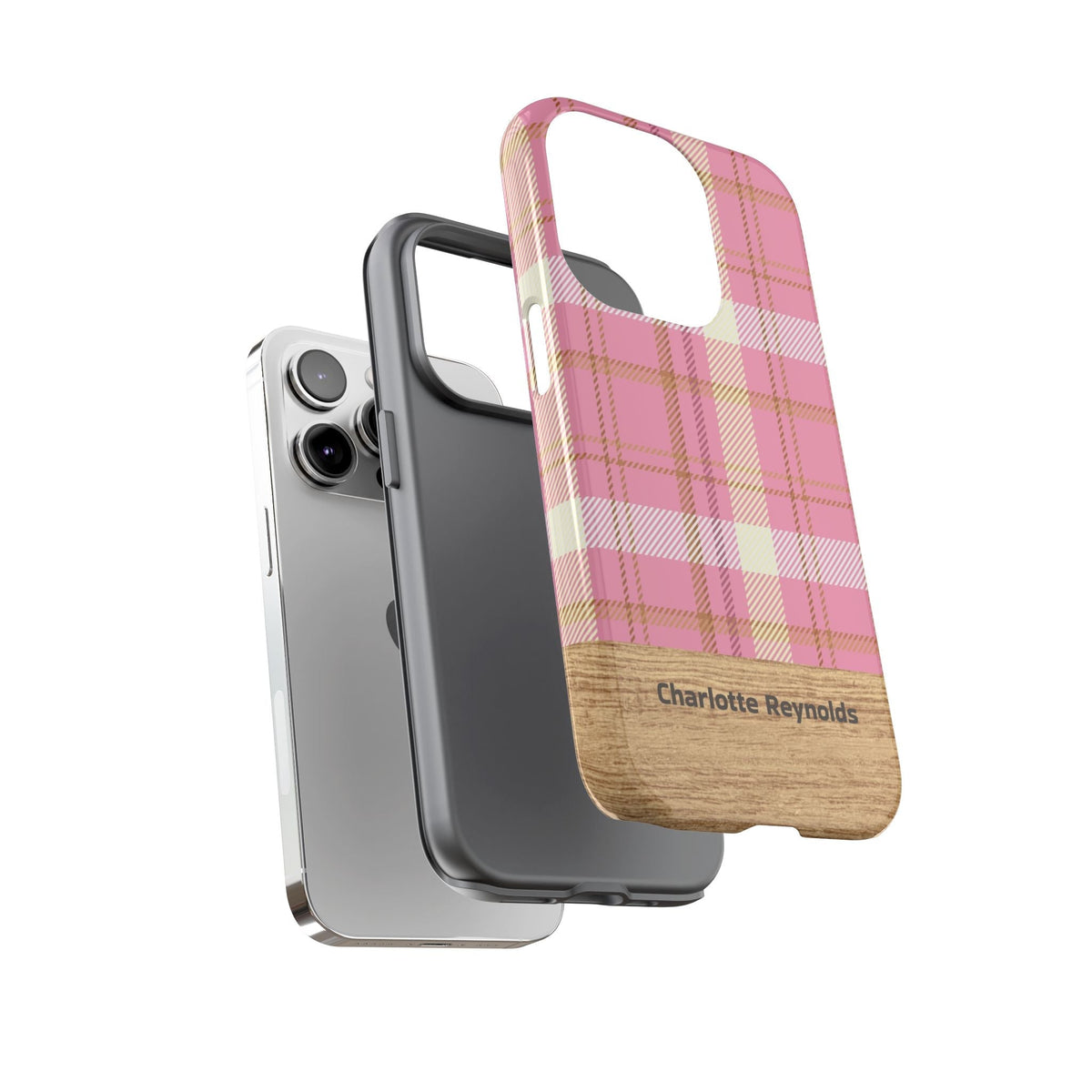Cover Personalizzata con Nome – Tartan Rosa ed Effetto Legno