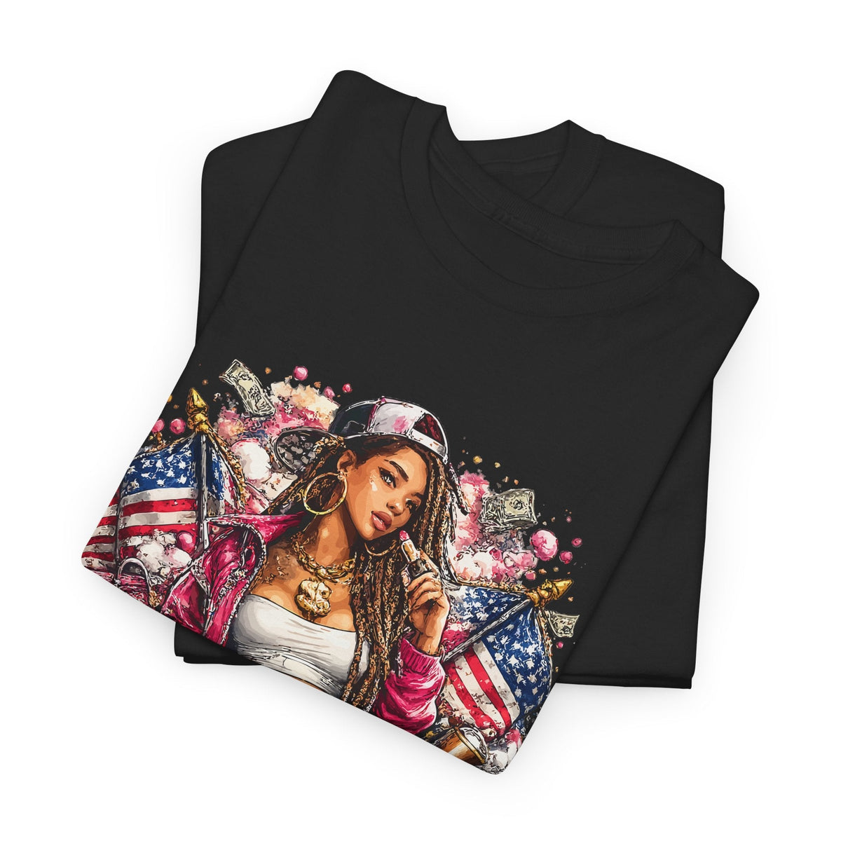 T-Shirt Regina dello Streetwear – Design Chicana Tattoo e Bandiera USA