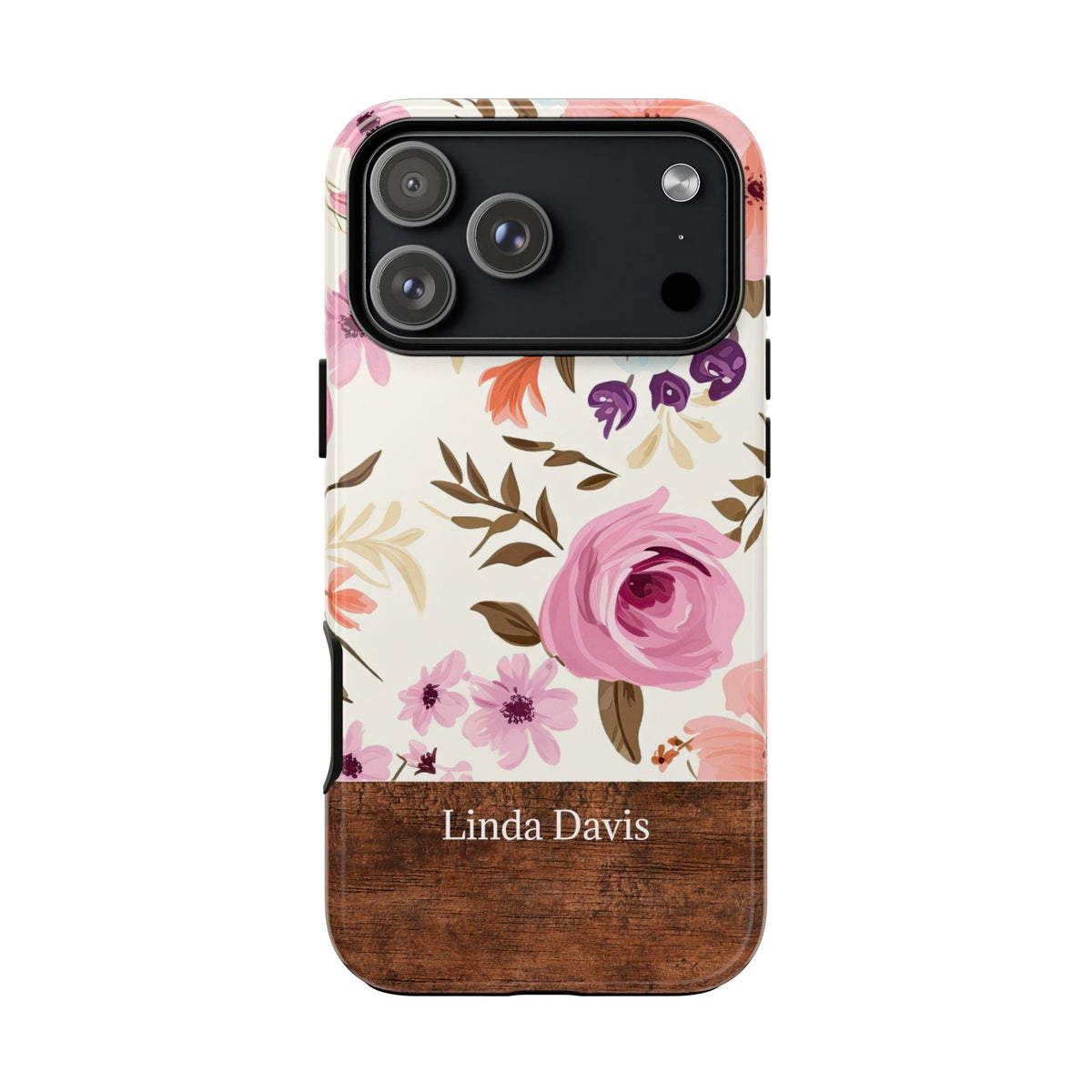 Cover Personalizzata con Nome – Rose Rosa ed Effetto Legno