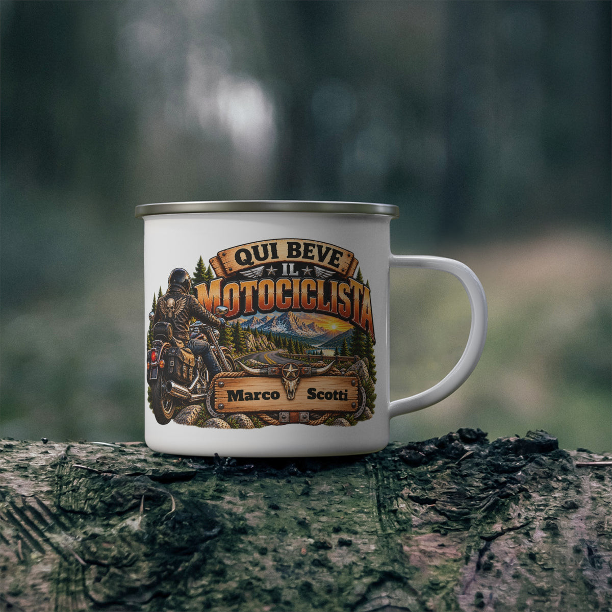 Tazza da Campeggio Personalizzata con Nome – Qui Beve il Motociclista