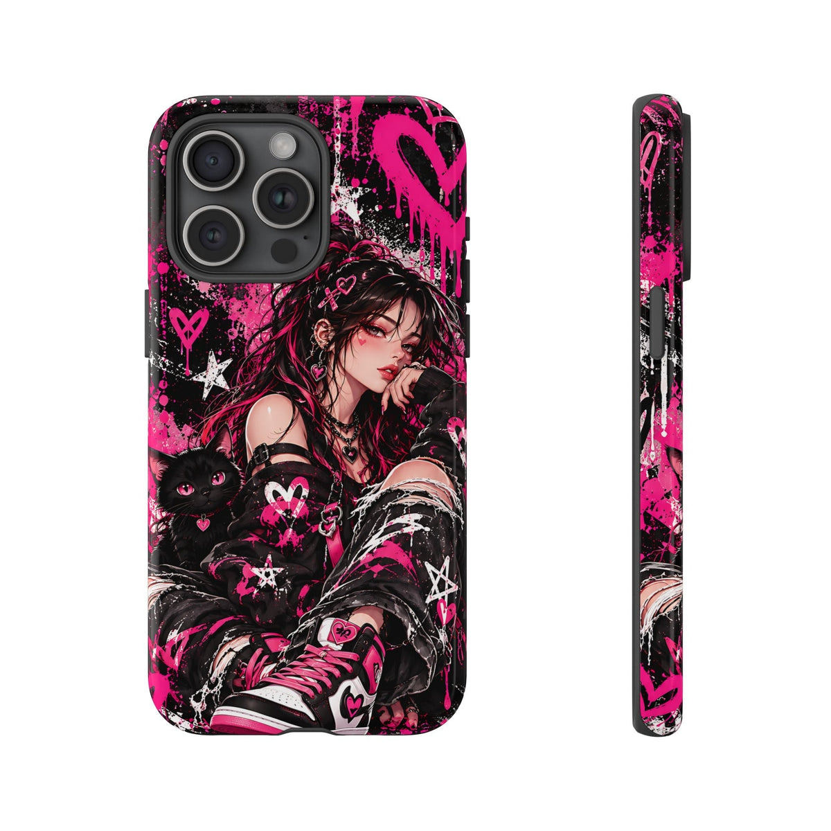 Gothic-Anime-Girl & schwarze gatto Cover per smartphone – Cover robusta im rosa Grunge-Stil
