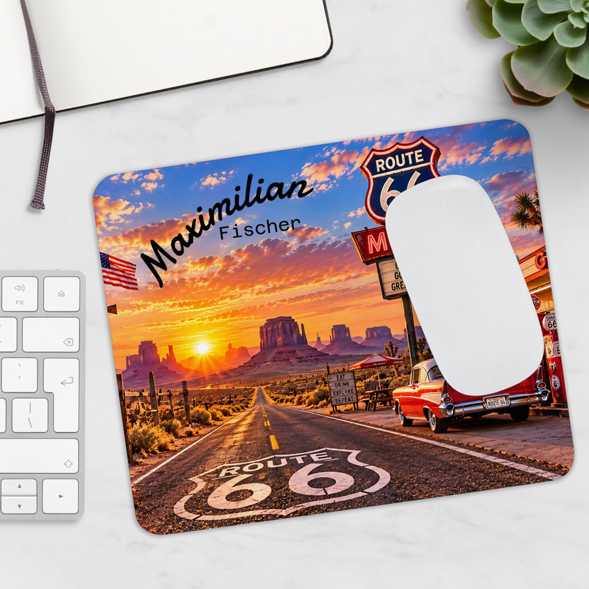 Personalizzato Route 66 Mousepad – Mit Wunschname – Mousepad von MALUX, 23,2 × 19,4 cm