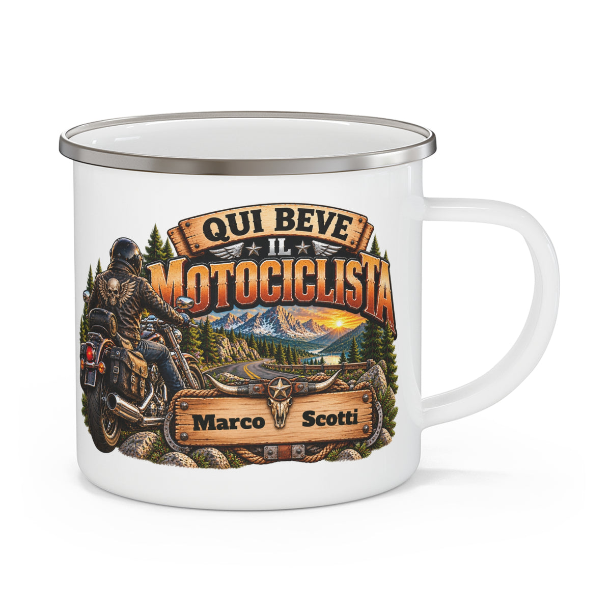 Tazza da Campeggio Personalizzata con Nome – Qui Beve il Motociclista