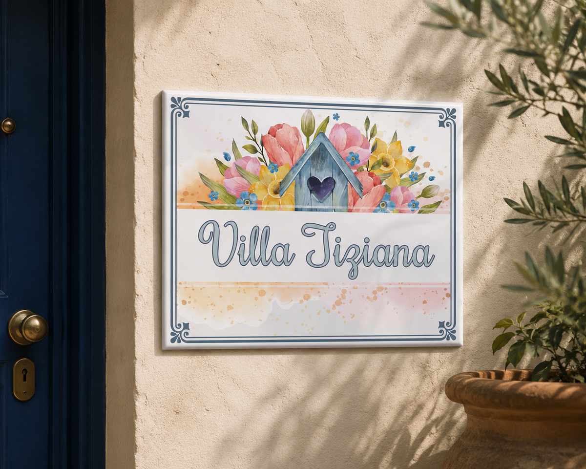 Personalizzato Targa per casa aus Keramik 20×25 cm – fiori & Haus – S2